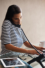 Image showing Woman, phone call or typing for administration at office desk for message, crm or feedback. Female person, virtual assistant or agent for b2b, telemarketing or sales in customer service business