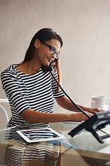 Image showing Woman, phone or typing for sales, customer support or feedback in reception office in San Diego. Virtual assistant on call for schedule, administration and consultation in telemarketing business