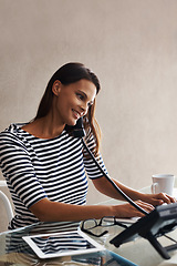 Image showing Woman, phone or typing for sales, customer service or feedback in reception office in Melbourne. Virtual assistant on call for schedule, administration and technical support in telemarketing business