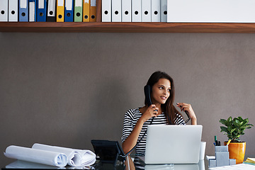 Image showing Woman, laptop and paperwork at desk with telephone for phone call, conversation and talking to client. Receptionist, landline and table with discussion for planning, communication or customer service