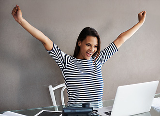 Image showing Woman, celebration and laptop for win or giveaway in home office, ecommerce and lottery achievement. Female person, prize and promo for online shopping, competition success and cashback on investment