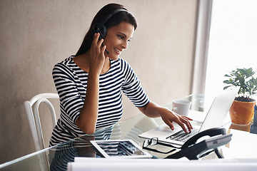 Image showing Woman, headset and laptop for call centre hotline, customer support and technical service in office. Female person, crm and consultant for assistance, networking and helpdesk or friendly operator