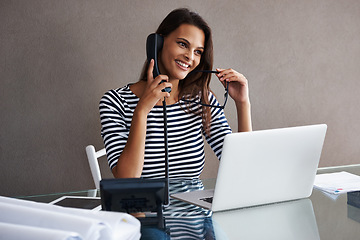 Image showing Secretary, smile and laptop with telephone for phone call, discussion and consulting with client. Woman, table and landline with computer at office desk for admin, conversation and customer service