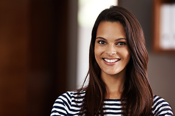 Image showing Woman, portrait and confident professional in office, tasks and pride for project in creative business. Worker, entrepreneur and opportunity for career development, startup company and job in Brazil