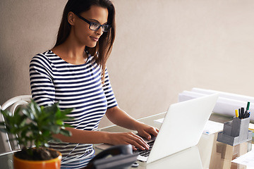 Image showing Laptop, planning and business woman at office desk for online project, typing and editing report at creative startup. Worker, writer or editor in glasses on computer for research on an email