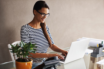 Image showing Business woman, laptop and architecture at office desk for project, planning and research on design software. Young designer typing and reading on computer for development, engineering and report