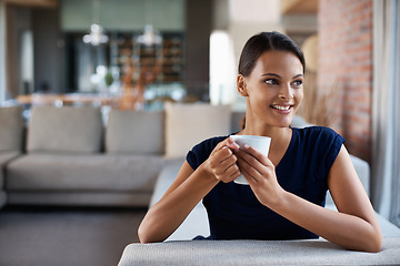 Image showing Happy woman, thinking and drinking coffee in home on sofa to relax, peace or planning at breakfast in the morning. Dream, tea cup and person with idea for espresso, latte and smile in living room