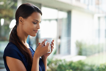 Image showing Woman, thinking and drinking coffee in home to relax, peace or calm at breakfast for energy in the morning. Dream, tea cup or person with espresso, latte or hot healthy beverage for wellness in house
