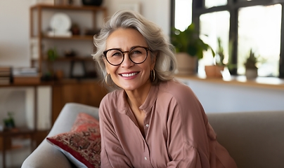 Image showing In her sunlit living room, the modern elderly woman exudes sophistication, wearing glasses, creating a chic and cozy atmosphere.