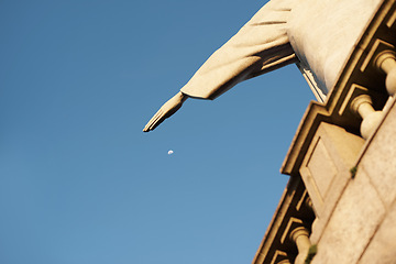 Image showing Jesus christ, statue and heritage for travel and christian art for religion or faith journey. Hands, history monument or closeup of sacred destination or culture sculpture in rio de janeiro on hill