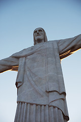 Image showing Jesus christ, statue and art deco sculpture for travel and christian faith for art or religion journey. Hands, history monument or peace for tourism and protection symbol of people in rio de janeiro