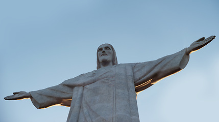 Image showing Jesus christ, statue and sculpture for travel and christian faith for art or religion journey. Hands, history monument or peace symbol for tourism attraction and spiritual landmark in rio de janeiro