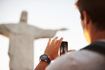 Image showing Jesus christ, man or tourist with photo of statue or sculpture for travel or christian faith for art. Person, history monument or picture for tourism, God or religion symbol in Rio de Janeiro, Brazil