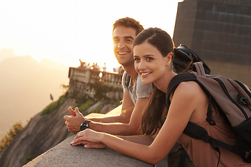 Image showing Travel, bridge or happy couple on holiday with view for vacation memory, sunset or sightseeing in city. Love, tourism and romantic man with a woman for outdoor adventure in Rio de Janeiro, Brazil