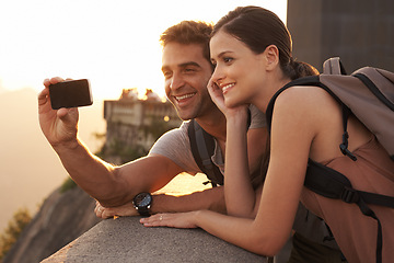Image showing Bridge, selfie or happy couple hiking for travel for vacation memory, holiday or sightseeing in city. Love, people and romantic man with a woman for adventure or tourism in Rio de Janeiro, Brazil