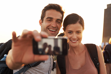 Image showing Outdoor, selfie or happy couple hiking for travel for vacation memory, holiday or sightseeing in city. Photo, people and romantic man with a woman for adventure or tourism in Rio de Janeiro, Brazil