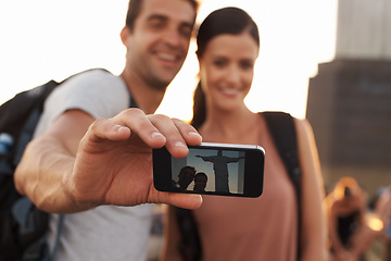 Image showing Holiday, selfie or happy couple hiking for travel for vacation memory, outdoor or sightseeing in city. Christ the Redeemer, photo or romantic people on adventure for tourism in Rio de Janeiro, Brazil