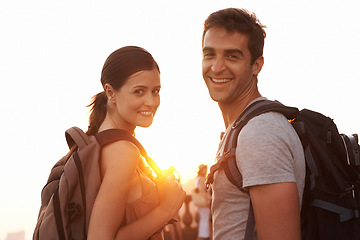 Image showing Hiking, portrait or happy couple at sunset with smile for vacation memory, holiday or sightseeing in city. Love, tourism or romantic man with a woman for adventure or travel in Rio de Janeiro, Brazil