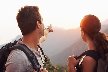 Image showing Hiking, pointing or back of couple with horizon for vacation memory, holiday or sightseeing in nature. Support, tourism or romantic man with view or woman for travel or date in Rio de Janeiro, Brazil