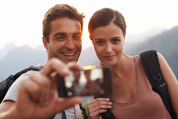 Image showing Outdoor, selfie or happy couple trekking for travel for vacation memory, holiday or sightseeing. Hiking picture, photo or man with a woman for adventure or tourism in park in Rio de Janeiro, Brazil