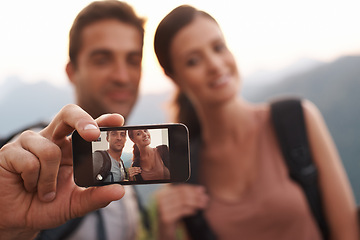 Image showing Phone, selfie or happy couple on holiday for travel for memory, social media or sightseeing. Hiking picture, photo and man with a woman for outdoor adventure or tourism in Rio de Janeiro, Brazil