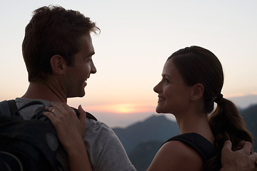 Image showing Travel, smile and couple in mountains with view of sky together on holiday or vacation abroad. Love, hiking or backpacking with happy young man and woman outdoor for tourism overseas from back