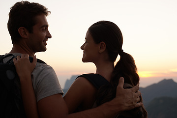 Image showing Hiking, hug or happy couple on holiday at sunset with smile for vacation memory, support or sightseeing. Love, tourism or romantic man with a woman for adventure or travel in Rio de Janeiro, Brazil