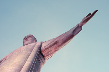 Image showing Jesus christ, sky or hand of statue sculpture for travel or christian faith for art or outdoor heritage. Background, history monument or peace for tourism or religion symbol in Rio de Janeiro, Brazil