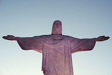 Image showing God, Jesus or sky with statue sculpture for travel or christian faith for tourism or heritage site. Background, history monument or Christ the redeemer for religion symbol in Rio de Janeiro, Brazil