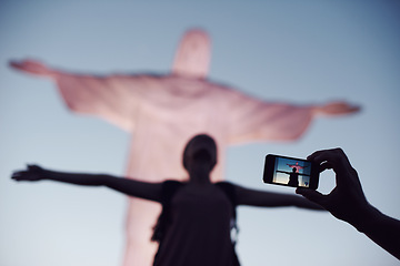 Image showing Jesus, woman or photo of tourist, statue or sculpture for travel, christian faith or holiday. Christ the redeemer, picture or monument for tourism, God or religion symbol in Rio de Janeiro, Brazil