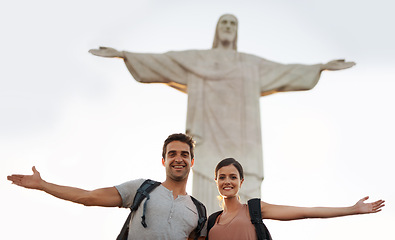 Image showing Travel, portrait or happy couple on holiday with statue for vacation memory, hiking or sightseeing in city. Christ the Redeemer, tourism or man with a woman for adventure in Rio de Janeiro, Brazil