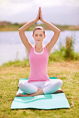 Image showing Woman, yoga and prayer hands for meditation outdoor, exercise in nature with breathing and healing. Peace, calm and wellness with aura balance, spiritual in park or garden with fresh air for zen