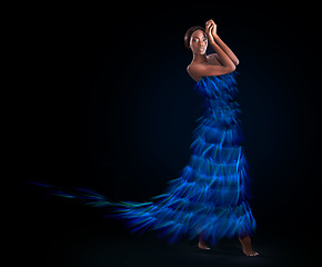 Image showing Portrait, dress and art of dance with black woman in studio on dark background for performance. Creative, dancer or movement with confident young person moving in rhythm for concert and neon abstract