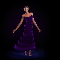 Image showing Portrait, smile and art of dance with black woman in studio on dark background for performance. Creative, fashion dress and happy with confident female person moving in rhythm to music for concert