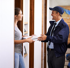 Image showing Pizza, delivery and man with customer in home, giving a box and easy service to front door. Ecommerce, courier or happy woman with takeaway, fast food and thank you for fast supply chain or transport