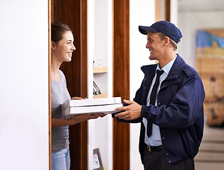 Image showing Pizza, man and food delivery to home of customer, giving a box and easy service to front door. Ecommerce, courier and happy woman with takeaway, order and thank you for fast supply chain or transport