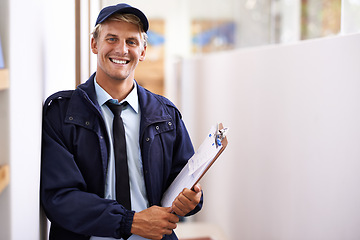 Image showing Delivery, checklist and portrait of man with clipboard for inventory, logistics and supply chain information. Happy, courier and person with survey of shipping, distribution or ecommerce compliance