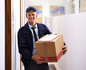 Image showing Delivery, checklist and portrait of man with box from inventory, logistics and supply chain with information. Happy, courier and person with clipboard survey of shipping, distribution or ecommerce