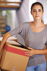 Image showing Woman, home and confident with box for moving in new house for ownership, property and pack furniture. Apartment, female person and satisfied with real estate, investment and future for growth.