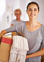 Image showing Woman, home and smile with box for moving in new house for ownership, property and pack furniture. Portrait, female person and satisfied with growth purchase and investment with future for family.