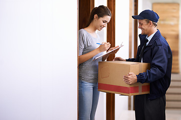 Image showing Delivery, courier and woman with box sign documents, forms and paperwork for package or parcel. Online shopping, ecommerce and people for shipping, supply chain and distribution receipt in home