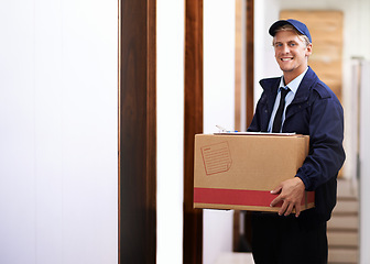 Image showing Delivery, man and portrait with box at front door of house for distribution of online shopping package. Happy, courier and person in supply chain with transport of ecommerce, product and stock