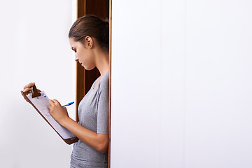 Image showing Customer, writing and sign on clipboard for delivery for logistics of inventory and supply chain information. Woman, signature and survey for courier of shipping, distribution or ecommerce compliance