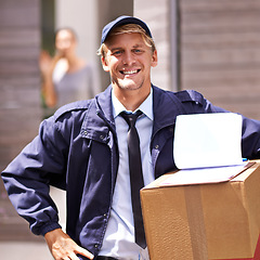 Image showing Delivery, man and portrait with checklist on box for inventory, logistics and information on supply chain. Happy, courier and person with clipboard survey of shipping, distribution or ecommerce