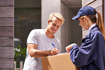 Image showing Delivery, package and man sign documents, forms and application for receipt, parcel and box. Online shopping, ecommerce customer and courier woman for shipping, supply chain and distribution in home