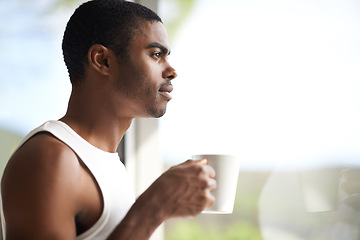 Image showing Black man, window and thinking with coffee for morning, start or ambition in dream or vision at home. Face of African male person in wonder or thought with mug or cup of tea for breakfast on mockup