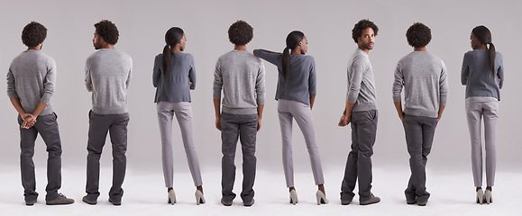 Image showing Man, woman and collage in studio fashion, trendy or edgy and cool or stylish outfits with pride. Black people, guy and female person on gray background for montage, unity and rearview confidence