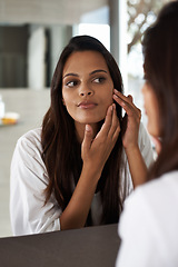 Image showing Woman, check face in mirror and beauty with morning routine, acne and cosmetic care at home. Skincare, wellness and dermatology with skinlglow, reflection and grooming for hygiene in bathroom