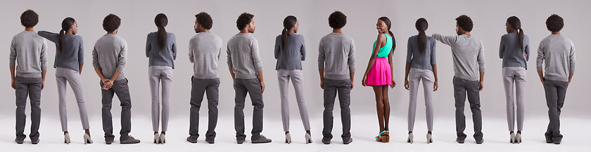 Image showing Portrait, collage or smile of black woman in studio with man isolated on a gray background. Fashion, montage or group of people with African couple in casual clothes, color or standing out with clone