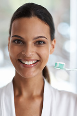 Image showing Woman, dental and smile with toothbrush, self care and portrait for health in bathroom. Person, cleaning and healthcare for teeth, oral hygiene or routine at home with dentistry and whitening